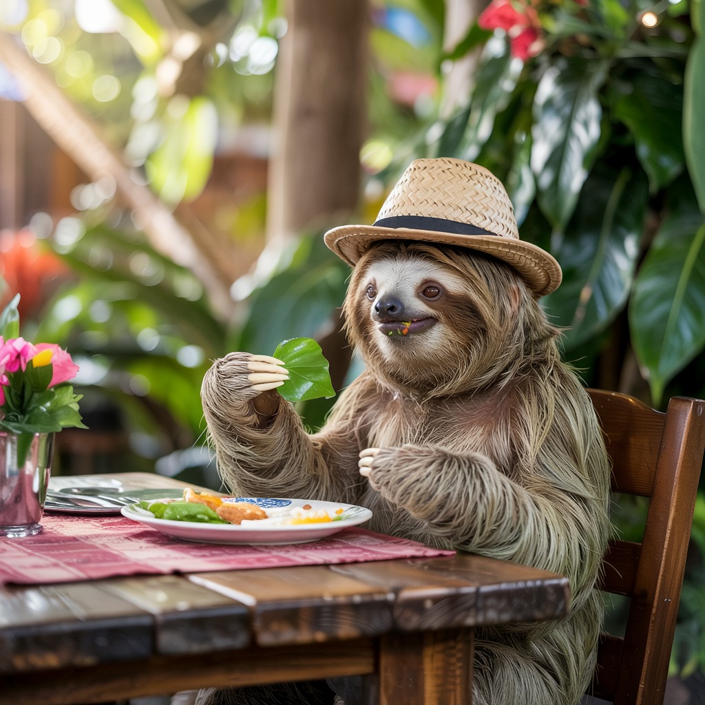 Un perezoso
  comiendo en un restaurante.
