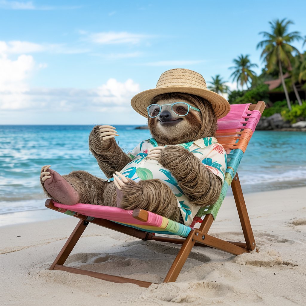 Un perezoso
  sentado en una silla de playa.