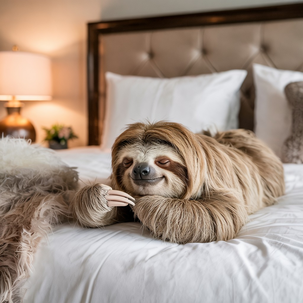 Un perezoso
  relajándose en una cama de hotel.